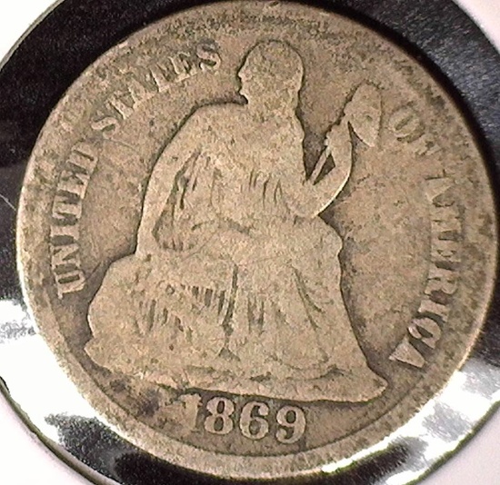 1869 S Type 5, Legend Obverse U.S. Seated Liberty Dime, Good. Mtg. 450,000.