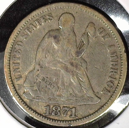 1871 Type 5, Legend Obverse U.S. Seated Liberty Dime, Fine+.