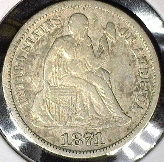 1871 S Type 5, Legend Obverse U.S. Seated Liberty Dime, Very Fine+.