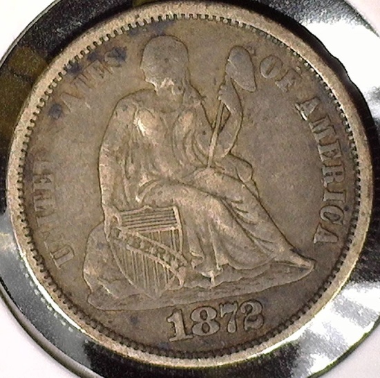 1872 Type 5, Legend Obverse U.S. Seated Liberty Dime, Very Fine+.