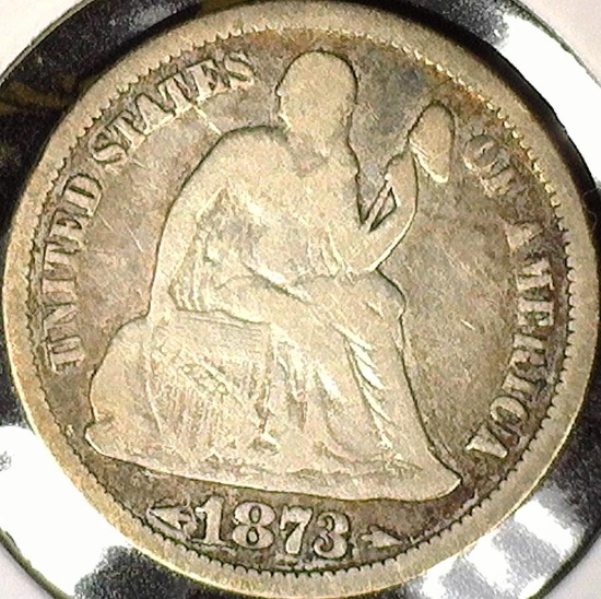 1873 Type 6, Legend obverse, Arrows at Date U.S. Seated Liberty Dime, Fine.