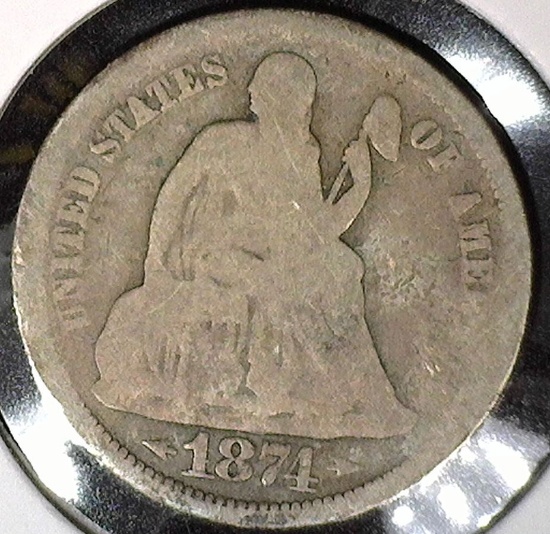 1874 S Type 6, Legend obverse, Arrows at Date U.S. Seated Liberty Dime, Good.