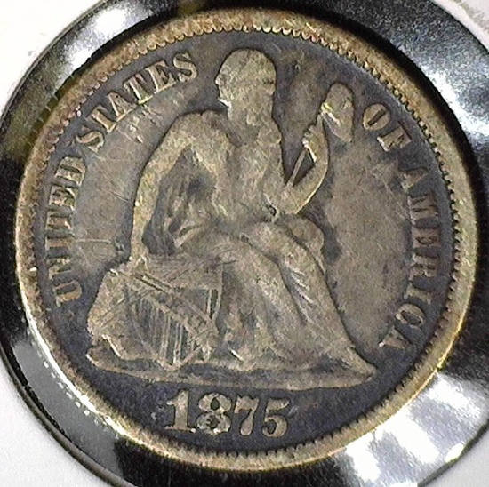 1875 Type 5, Legend obverse, U.S. Seated Liberty Dime, Fine. Obverse scratches.