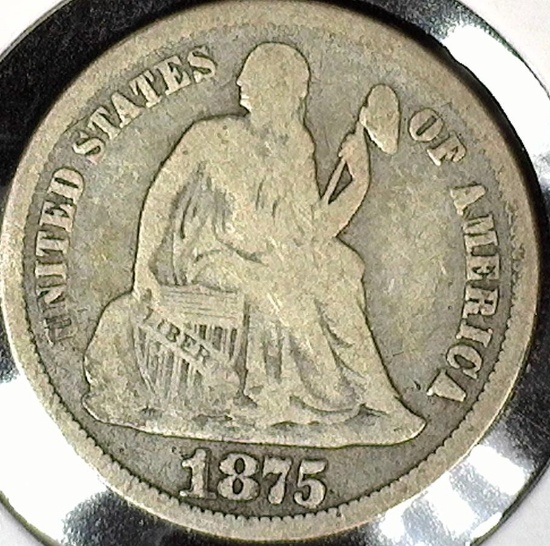 1875 CC Type 5, below bow, Legend obverse, U.S. Seated Liberty Dime, Fine.