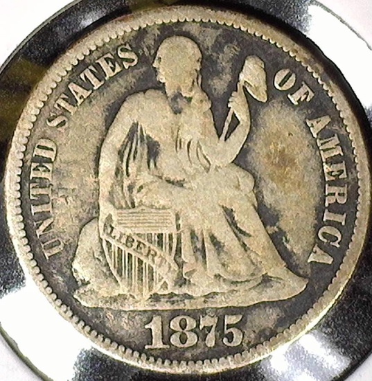 1875 CC Type 5, above bow, Legend obverse, U.S. Seated Liberty Dime, Fine.