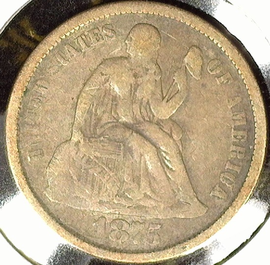 187S S Type 5, above bow, Legend obverse, U.S. Seated Liberty Dime, Fine.