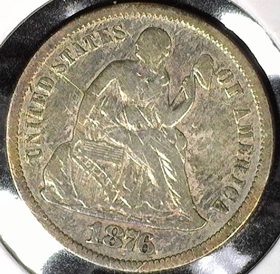 1876 S Type 5, Legend obverse, U.S. Seated Liberty Dime, VF.