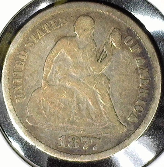 1877 S Type 5, Legend obverse, U.S. Seated Liberty Dime, VG.
