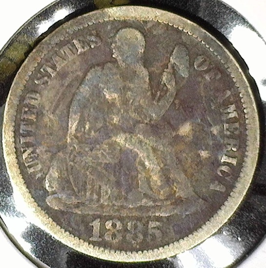 1885 Type 5, Legend obverse, U.S. Seated Liberty Dime, Fine details, damaged.