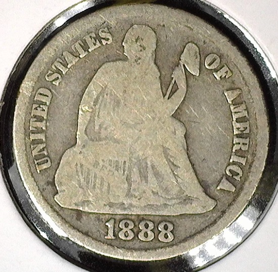 1888 S Type 5, Legend obverse, U.S. Seated Liberty Dime, VG.