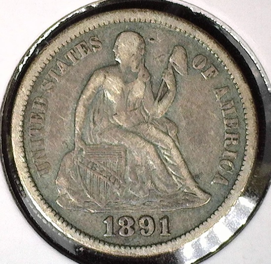 1891 Type 5, Legend obverse, U.S. Seated Liberty Dime, Very Fine.