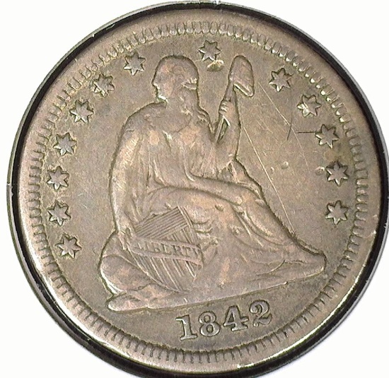 1842 O Large date, Type 2 No motto, U.S. Seated Liberty Quarter, VF.