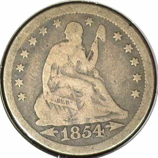 1854 Type 4, no motto, Arrows at Date U.S. Seated Liberty Quarter, VG.