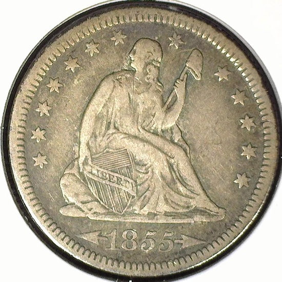 1855 Type 4, no motto, Arrows at Date U.S. Seated Liberty Quarter, VF.