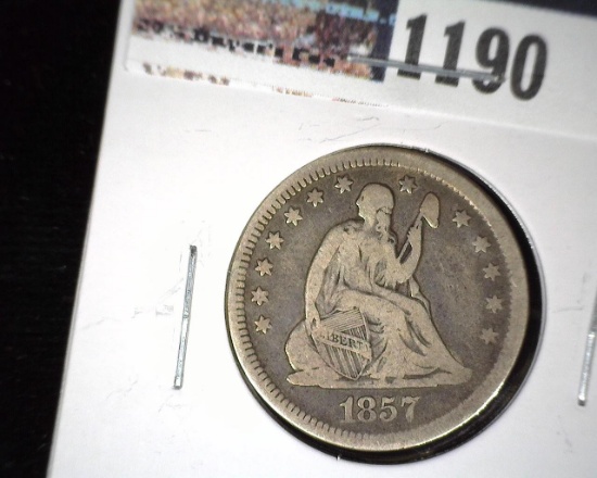 1857 Type 2, no motto U.S. Seated Liberty Quarter, Fine.