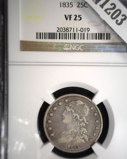 1825 Capped Bust Quarter, slabbed NGC VF25.