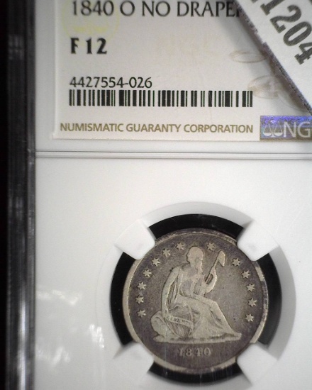 1840 O No drapery U.S. Seated Liberty Quarter, slabbed NGC F12.