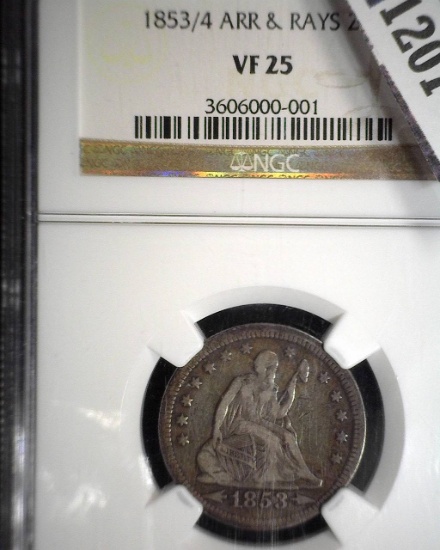 1853/4 P U.S. Seated Liberty Quarter, slabbed NGC Arrows & Rays VF25.