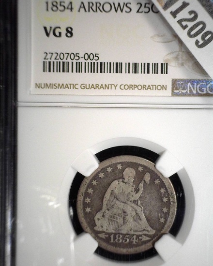1854 P U.S. Seated Liberty Quarter, slabbed NGC Arrows VG8.