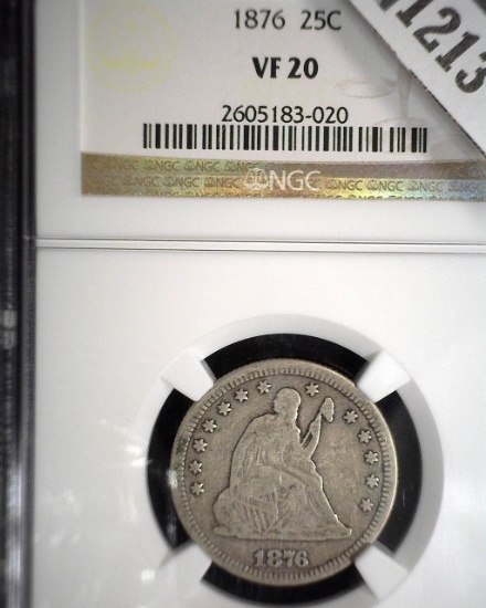 1876 P U.S. Seated Liberty Quarter, slabbed NGC VF20.