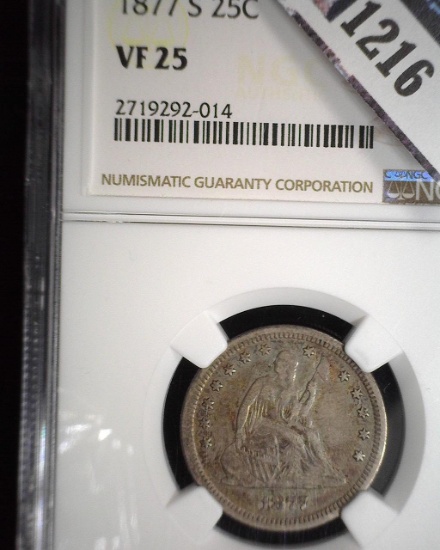 1877 S U.S. Seated Liberty Quarter, slabbed NGC VF25.