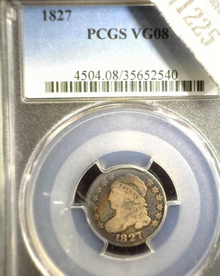 1827 Capped Bust Dime, slabbed PCGS VG08.