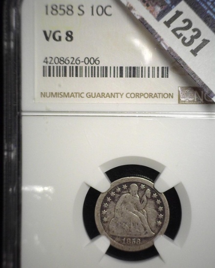 1858 S U.S. Seated Liberty Dime, slabbed NGC VG8.