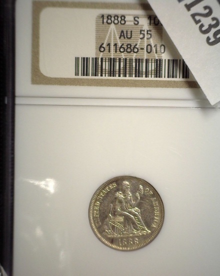 1888 S U.S. Seated Liberty Dime, slabbed NGC AU55.