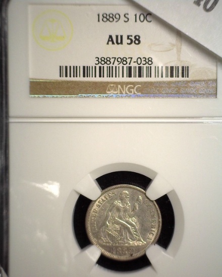 1889 S U.S. Seated Liberty Dime, slabbed NGC AU58.