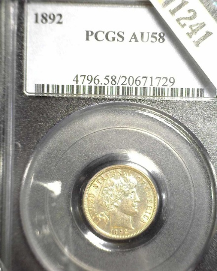 1892 P Barber Dime, slabbed PCGS AU58.
