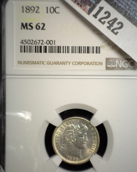 1892 P Barber Dime, slabbed NGC MS62.