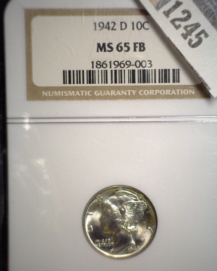 1942 D Mercury Dime, slabbed NGC MS65 FB.