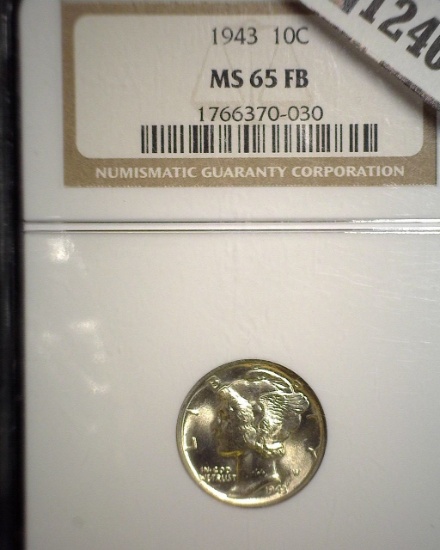 1943 P Mercury Dime, slabbed NGC MS65 FB.