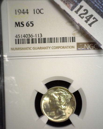 1944 P Mercury Dime, slabbed NGC MS65.