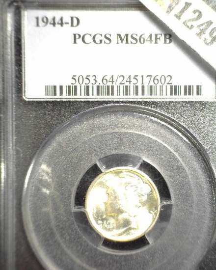 1944 D Mercury Dime, slabbed PCGS MS64FB.