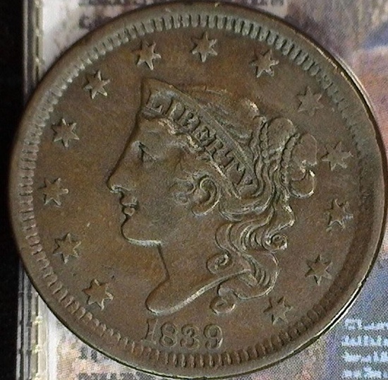 1839 U.S. Large Cent, Head of 1838 variety, Very Fine.