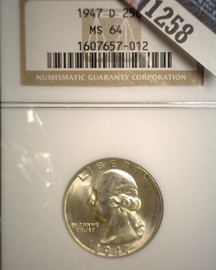 1947 D Washington Quarter, NGC slabbed MS64.