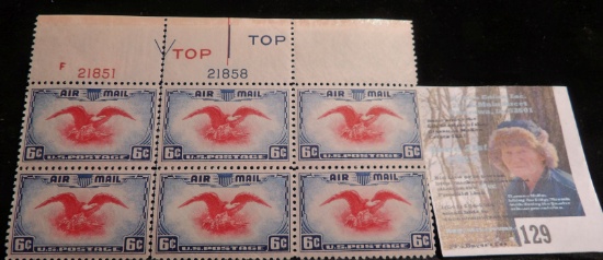 1938 Scott # C23 U.S. Air Mail Mint Plateblock of six 6c 'Eagle' stamps. Scarce.