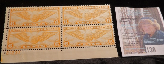 Block of Four 6-Cent  Winged Globe Airmail Stamps issued by the U.S. in 1937. Scot # C19.