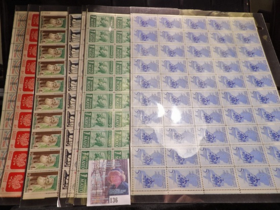 (10) Sheets Five Cent Stamps, all different and Mint condition. ($25 face value)