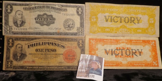 (4) Philippines Banknotes: 1941, 1949, & $1 & $5 Victory WWII.