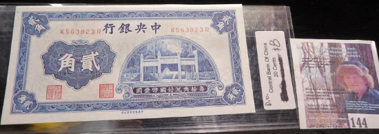 The Central Bank of China Twenty Cent Banknote, high grade.