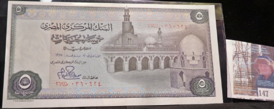 Central Bank of Egypt Five Egyptian Pounds Banknote, Pick # 45c, High grade.