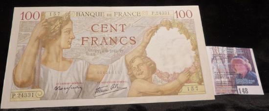 Bank of France 100 Francs Banknote, Pick # 94. Sully type note issued 1939 to 1942 during World War