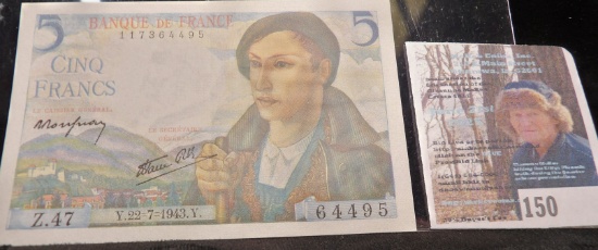 Bank of France Five Francs Banknote, Pick # 98a. High grade.