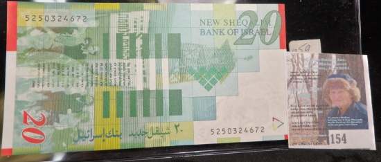 Bank of Israel, 20 New Sheqalim Banknote, CU. Features Moshe Sharett and the Ceremony of the Israeli
