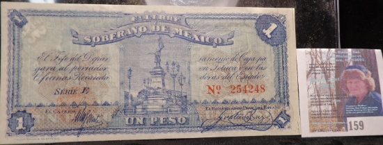 1915 One Peso Banknote, "Soberano de Mexico", Series E, This Banknote reflects the economic instabil