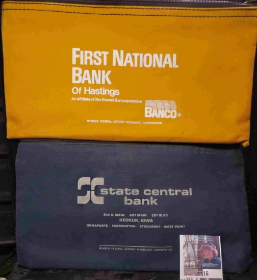 Pair of Zipper Bank Bags: "First National Bank of Hastings (Nebraska)" & "State Central Bank â€¦Keok