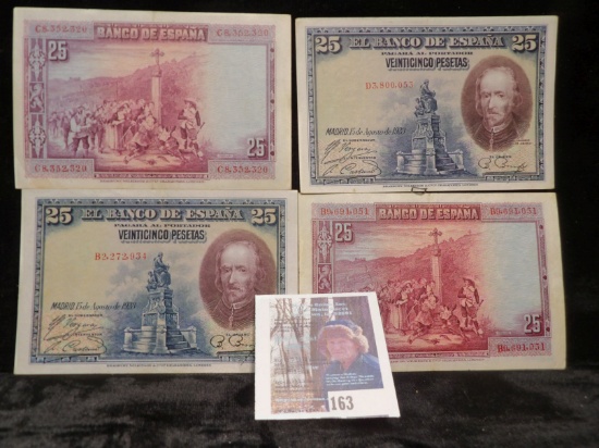 (4) August 15, 1928 Bank of Spain 25 Pesetas Banknotes, Pick # 74c. Depicts a portrait of Pedro Cald