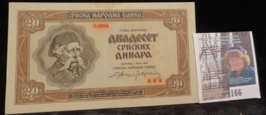 1921 Serbia 20 Srpskih Dinara, Pick # 25. Issued during the German occupation of Serbia in WW II. Wa
